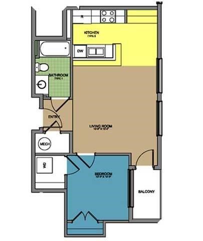 Floor plan for 1 bed, 1 bath, 585 sqft